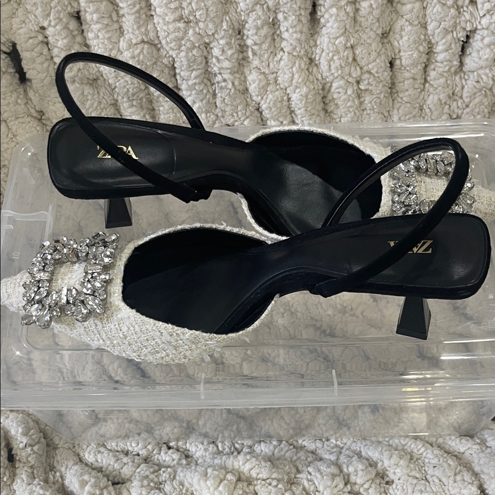 Zara Black and White Heels with Embellishments